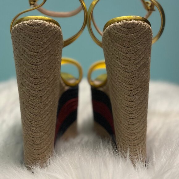 Gucci Gold Metallic Leather Jute Platform Espadrille Sandals Rare Find, 35.5Size - Picture 6 of 11